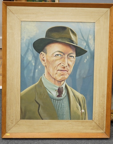 20th century School, oil on canvas board, Head and shoulders portrait of a gentleman wearing a hat, unsigned, 50 x 37cm. Condition – good